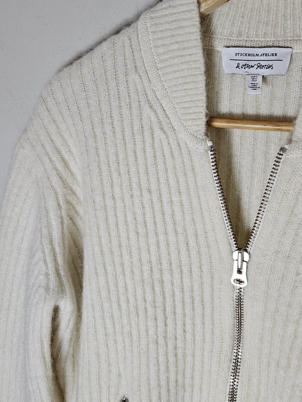 & Other Stories Wool Mohair Knit Bomber Sweater Zip Front Women's S Small Cream - Picture 3 of 8